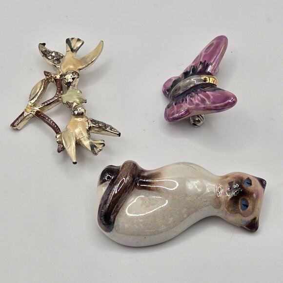 VTG AVON Brooch 3PC Set Porcelain Simease Cat Butterfly Birds Cottage MCM Whimsy - Picture 7 of 16